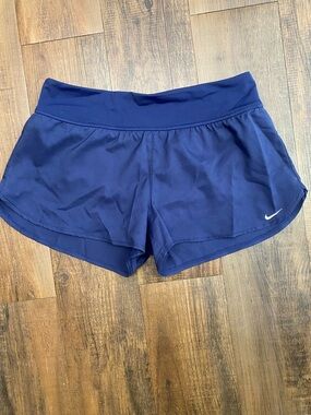 Nike Women's Dark Blue Athletic Shorts with White Swoosh
